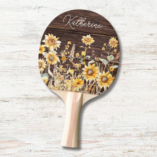Monogram Watercolor Yellow Sunflower Field Wood Ping Pong Paddle (in situ)