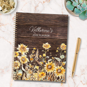 Monogram Watercolor Yellow Sunflower Field Wood Planner