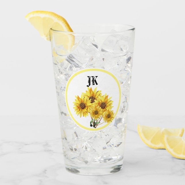 Monogram Watercolor Yellow Sunflower Tumbler Glass (Front Ice)