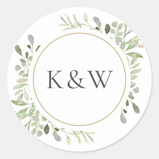 Monogram Watercolour Greenery Wedding Favour Classic Round Sticker (Front)