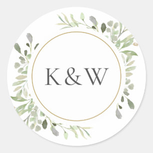 Monogram Watercolour Greenery Wedding Favour Classic Round Sticker