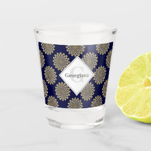 Monogram We Are Watching You Navy & Gold Polka Dot Shot Glass
