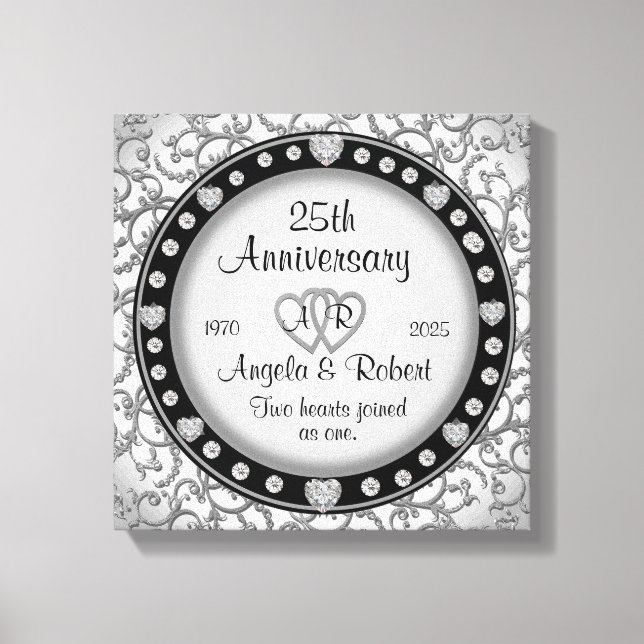 Monogram Wedding Anniversary with Hearts Canvas Print (Front)