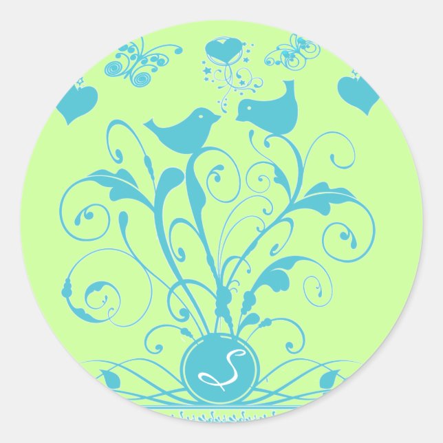 Monogram Wedding Birds Hearts Swirls Aqua Blue Classic Round Sticker (Front)