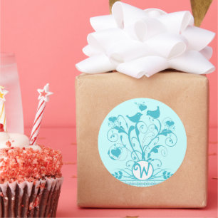 Monogram Wedding Birds Hearts Swirls Aqua Blue Classic Round Sticker