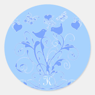 Monogram Wedding Birds Hearts Swirls  Blue Classic Round Sticker