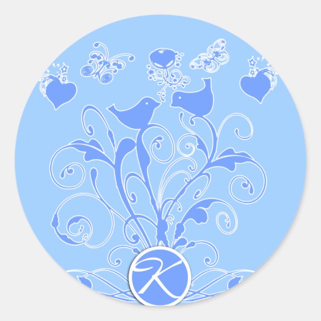 Monogram Wedding Birds Hearts Swirls Blue Classic Round Sticker (Front)