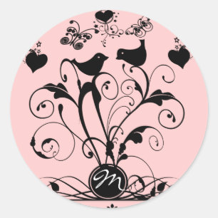 Monogram Wedding Birds Hearts Swirls Classic Round Sticker