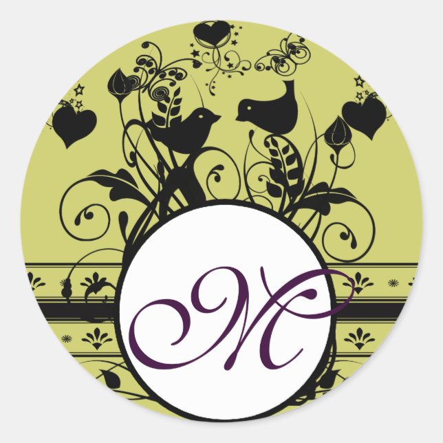 Monogram Wedding Birds Hearts Swirls Classic Round Sticker (Front)