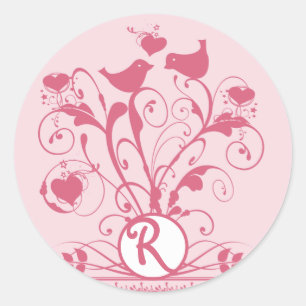 Monogram Wedding Birds Hearts Swirls Honeysuckle Classic Round Sticker
