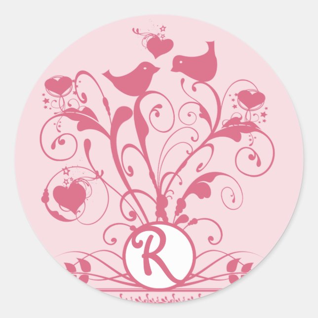 Monogram Wedding Birds Hearts Swirls Honeysuckle Classic Round Sticker (Front)
