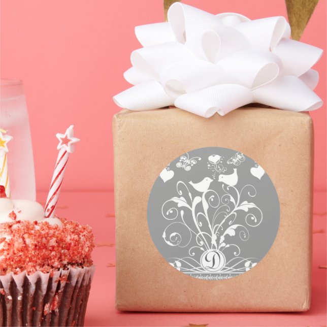 Monogram Wedding Birds Hearts Swirls White on Grey Classic Round Sticker (Party)