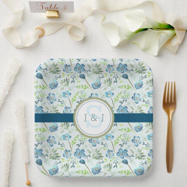  Monogram Wedding Boho Blue Watercolor Floral Paper Plate (Wedding)