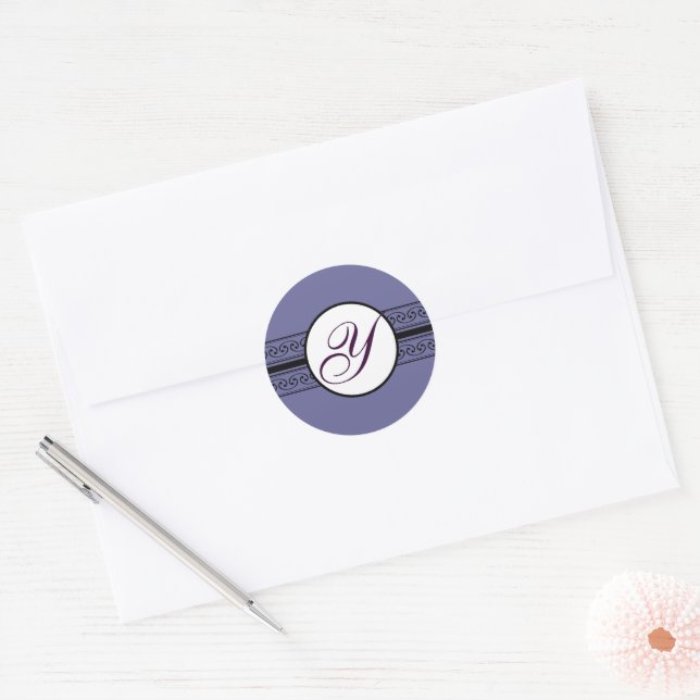 Monogram Wedding Borders Deep Periwinkle Classic Round Sticker (Envelope)