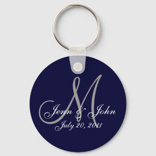 Monogram Wedding Bride Groom Date Navy Key Chain