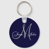 Monogram Wedding Bride Groom Names Navy Keychain