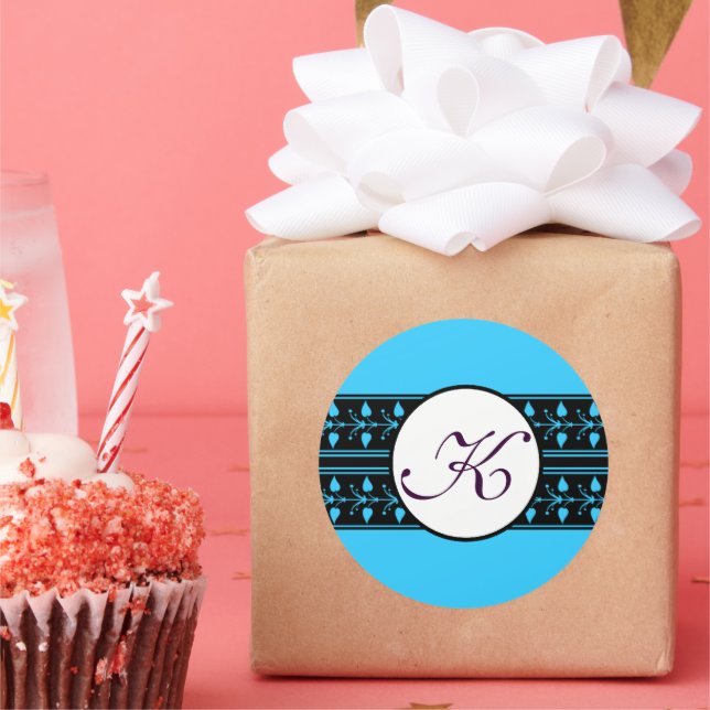 Monogram Wedding Bright Blue Borders Classic Round Sticker (Party)