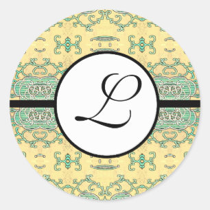 Monogram Wedding Brite Aqua Blue Borders Classic Round Sticker