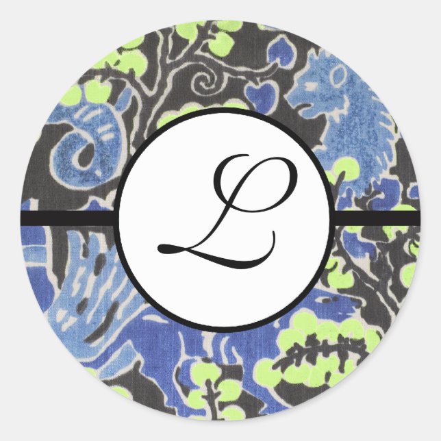 Monogram Wedding Brite Blue Borders Classic Round Sticker (Front)