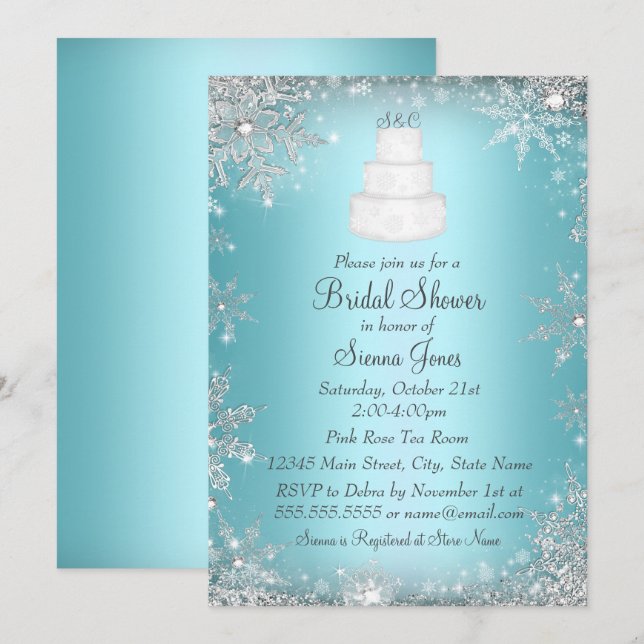 Monogram Wedding Cake Blue Bridal Shower Invite (Front/Back)