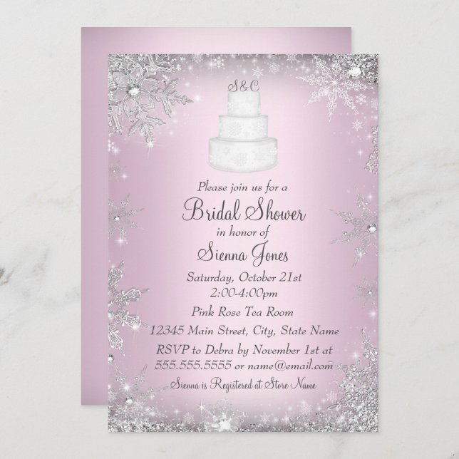Monogram Wedding Cake Pink Bridal Shower Invite (Front/Back)