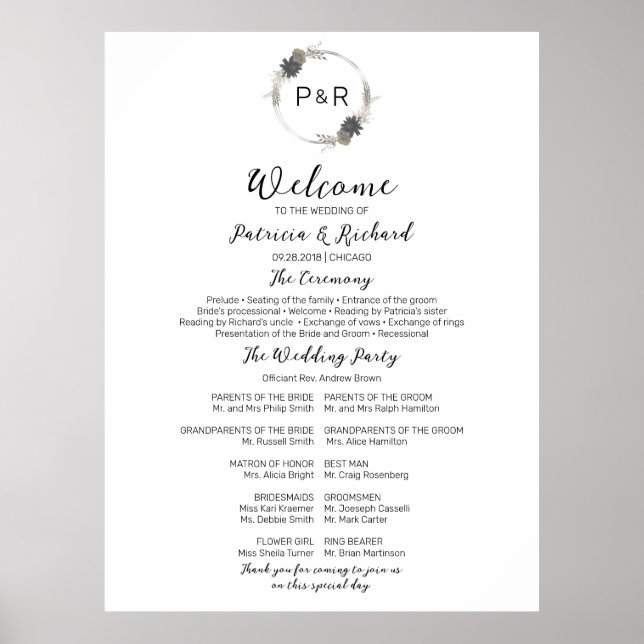 Monogram Wedding Ceremony Program Sign Board (Front)