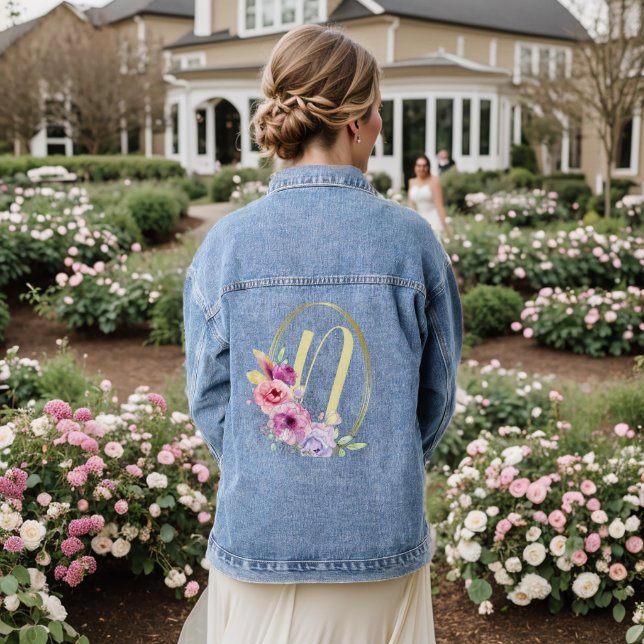 Monogram Wedding Colourful Pink Floral Golden Fram Denim Jacket (Wedding Back)