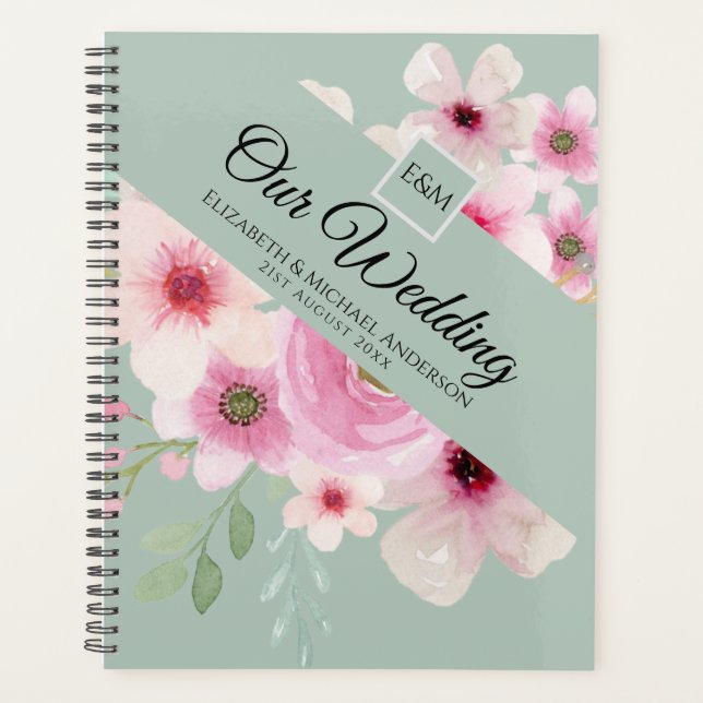 Monogram Wedding Couple Pink Blush Floral Planner (Front)