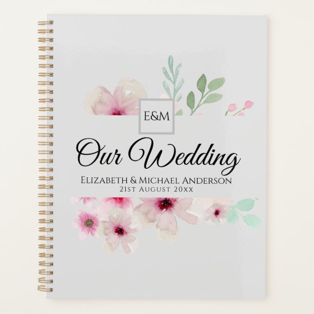Monogram Wedding Couple Pink Blush Floral Planner (Front)