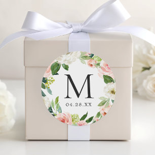 Monogram Wedding Date Blush Pink Floral Wreath Classic Round Sticker