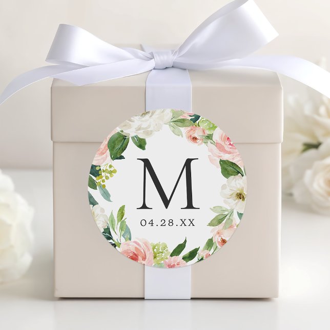 Monogram Wedding Date Blush Pink Floral Wreath Classic Round Sticker (Creator Uploaded)
