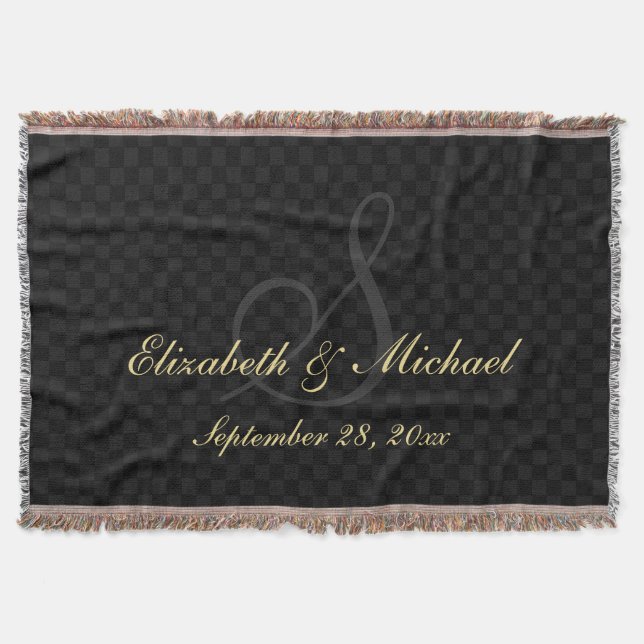 Monogram Wedding Date Bride Groom Name Black Check Throw Blanket (Front)