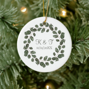 Monogram Wedding Date Eucalyptus Leaves Elegant Ceramic Tree Decoration