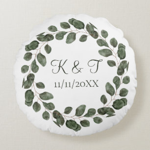 Monogram Wedding Date Eucalyptus Leaves Elegant Round Cushion