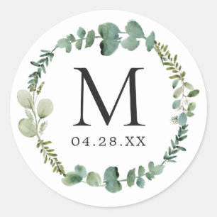 Monogram Wedding Date Eucalyptus Leaves Wreath Classic Round Sticker