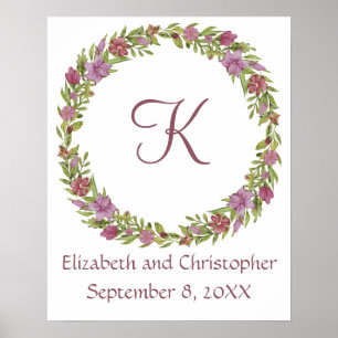 Monogram Wedding Date Names Pink Purple Floral Poster