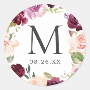Monogram Wedding Date Plum Purple Floral Wreath Classic Round Sticker