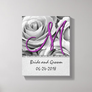 Monogram Wedding Date White Roses Canvas Print