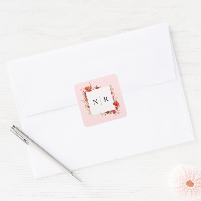 Monogram Wedding Delicate Poppy Pink Wedding Square Sticker (Envelope)
