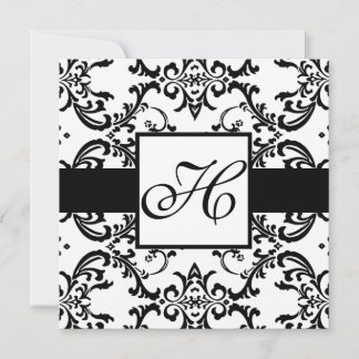 Monogram Wedding Invitation Black Swirl Damask