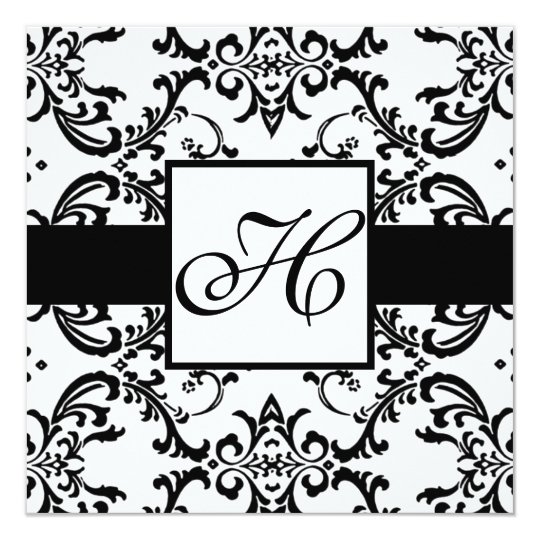 Monogram Wedding Invitation Black Swirl Damask