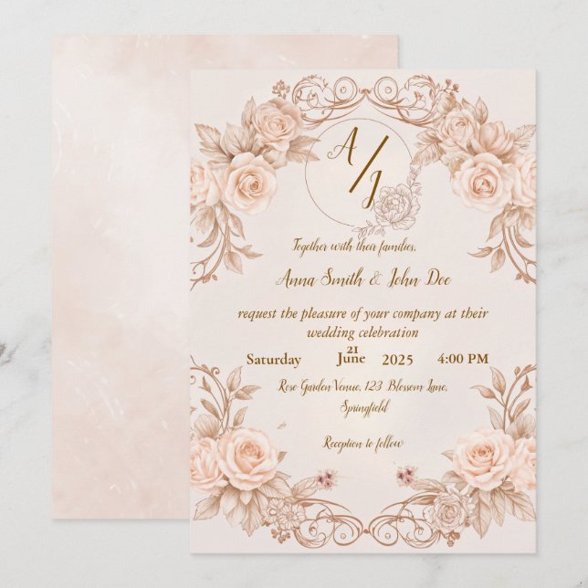 Monogram Wedding Invitation with Elegant Rose Desi (Front/Back)