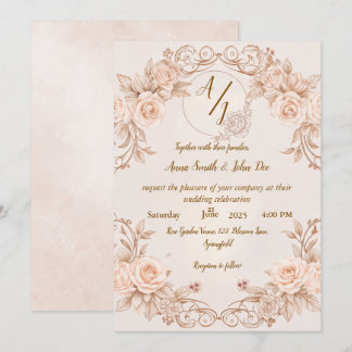 Monogram Wedding Invitation with Elegant Rose Desi
