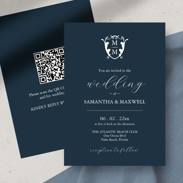 Monogram Wedding Invitation with QR Code Blue (custom monogram wedding invitation QR code navy blue)