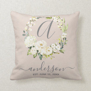 Monogram Wedding Keepsake White Floral Wreath Cushion