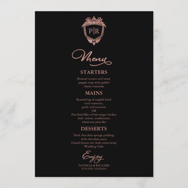 Monogram Wedding Menu Cards Black And Rose Gold (Front)