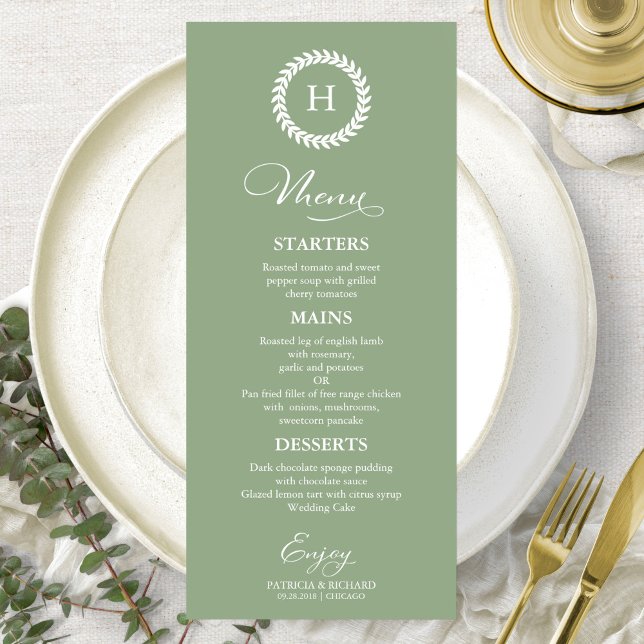 Monogram Wedding Menu Cards Green Sage (Creator Uploaded)