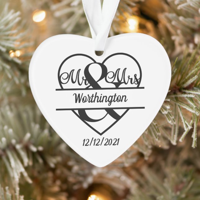 Monogram Wedding Name Heart Holiday Christmas Ornament (Tree)