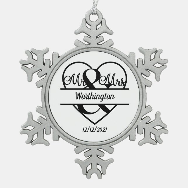 Monogram Wedding Name Heart Holiday Christmas  Snowflake Pewter Christmas Ornament (Front)