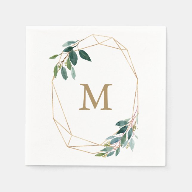 Monogram Wedding Napkin Gold Greenery (Front)